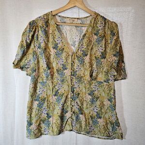 Les Serein Stitch Fix Top Yellow Pink Blue Floral Top Covered Buttons Womens XXL